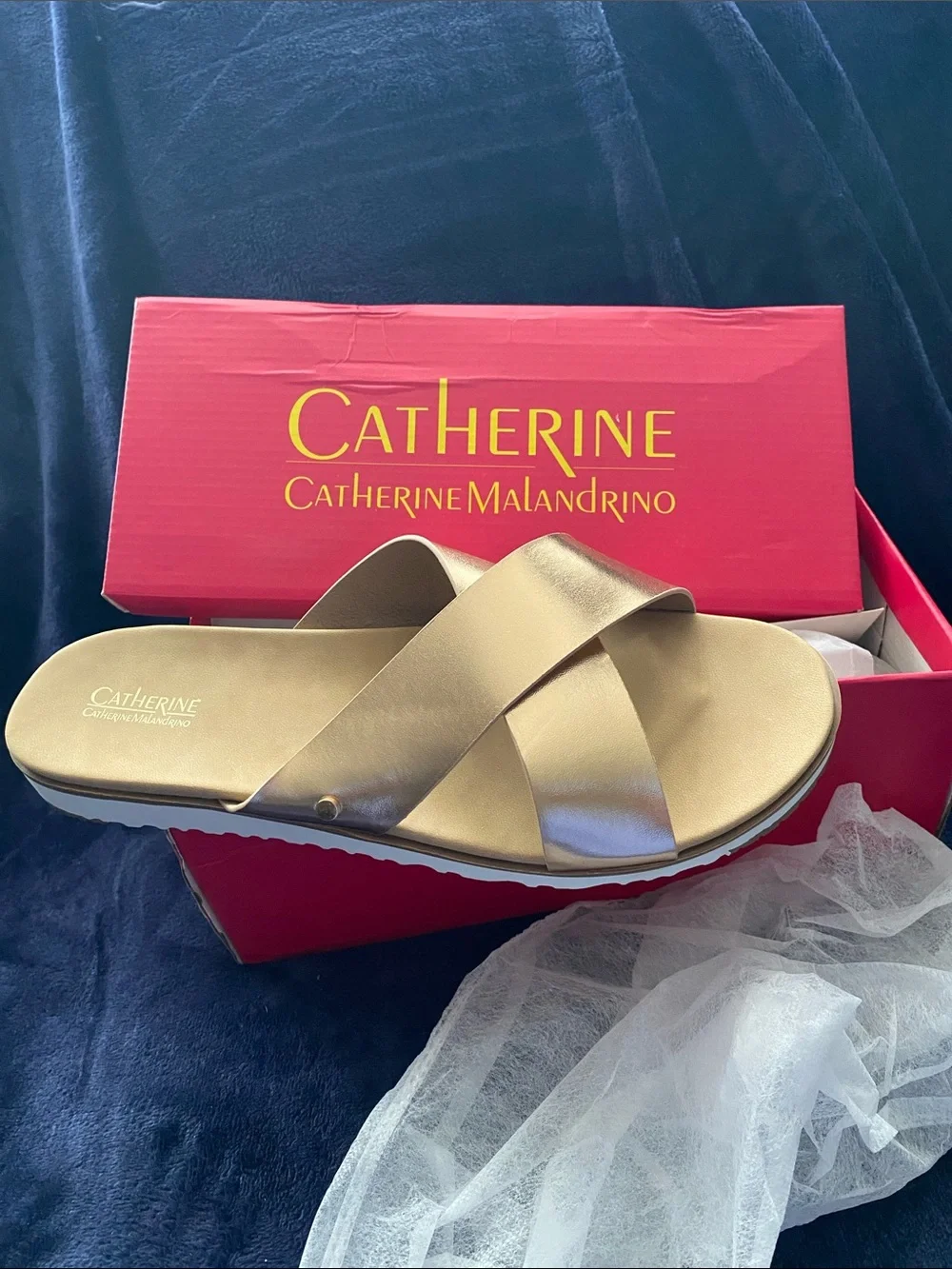 Catherine Malandrino Metallic Gold Crisscross Slide Sandal